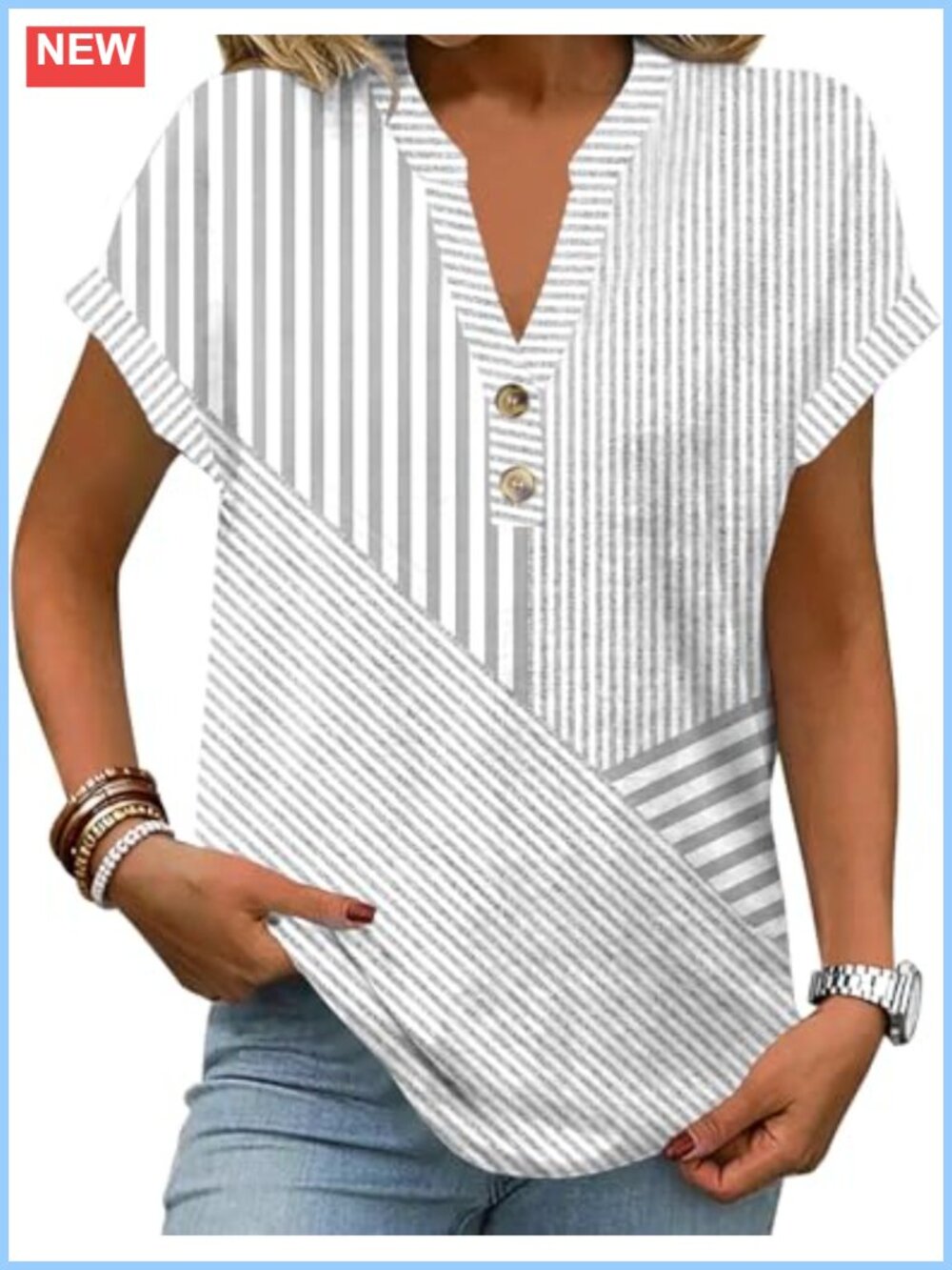 Women's Casual Henley Top V-Neck Short Sleeve Stripe Colorblock Tunic Blouse